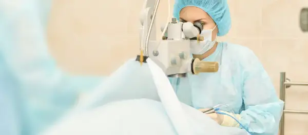 Chirurg w masce i czepku wykonuje operację zaćmy, używając mikroskopu i precyzyjnych narzędzi.