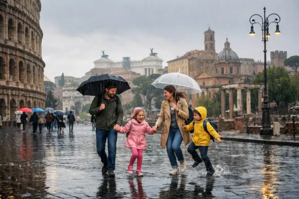 Famiglia felice sotto la pioggia a Roma, con il Colosseo sullo sfondo. Un'idea su cosa vedere a Roma quando piove: godersi la magia della città anche con l'ombrello!