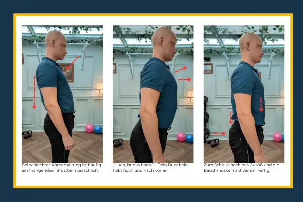 Mann korrigiert Haltung: Brustbein hoch, Bauch anspannen. Ein **growth mindset** hilft, schlechte Gewohnheiten zu überwinden und sich zu verbessern.