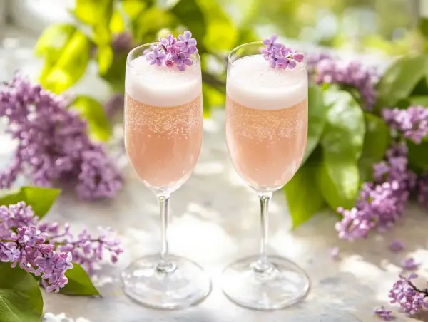 Två glas med rosa bubbel, dekorerade med syrenblommor. Perfekt för ett syrensirap recept.