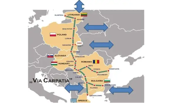 Mapa pokazuje trasę Via Carpatia, łączącą kraje od Litwy przez Polskę, Słowację, Węgry, Rumunię, Bułgarię aż po Grecję.