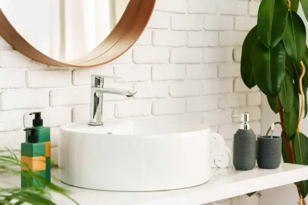 Instalar lavabo sobre encimera: un baño moderno con lavabo blanco, grifería cromada, espejo redondo y plantas.
