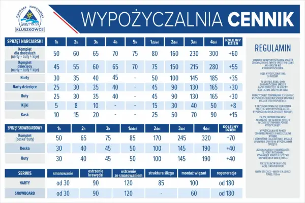 Tabela z cennikiem wypożyczalni sprzętu narciarskiego i snowboardowego.