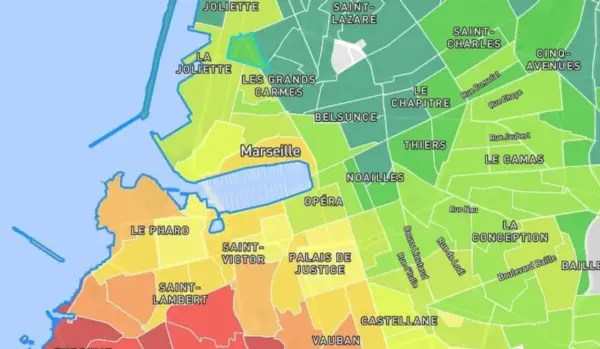 Carte des quartiers de Marseille, avec des couleurs indiquant des zones. La Joliette et Les Grands Carmes semblent être le meilleur quartier marseille.