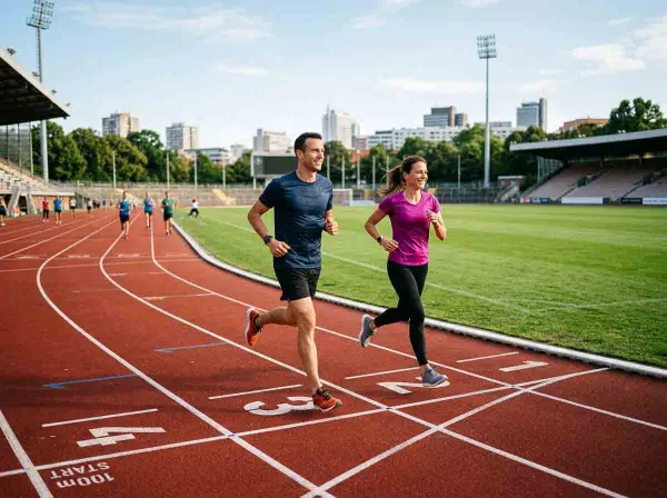 Ein Mann und eine Frau absolvieren ein intensives Schwellentraining Laufen auf einer Leichtathletikbahn. Sie lächeln, während sie nebeneinander rennen.