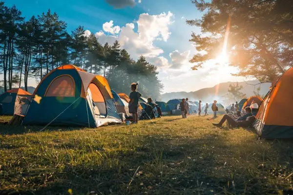 Un campement de tentes colorées sous un ciel bleu éclatant. Des enfants jouent et des adultes se détendent, profitant d'un moment de camping mineur paisible.