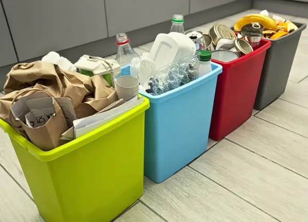 Cztery kolorowe kosze na śmieci z posegregowanymi odpadami: papier, plastik, metal i bio.