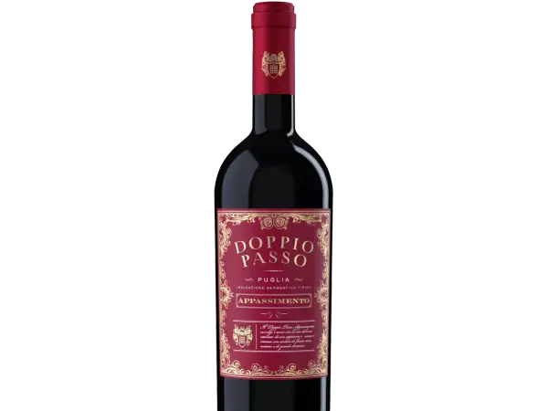 Flasche Doppio Passo Appassimento Wein aus Apulien, Italien. Ein vollmundiger Rotwein mit intensiven Aromen.