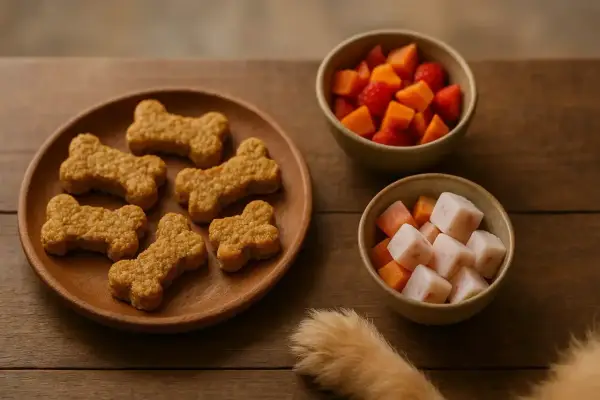 Galletas con forma de hueso y cuencos con trozos de fruta, perfectos como chuches para cachorros de 2 meses.