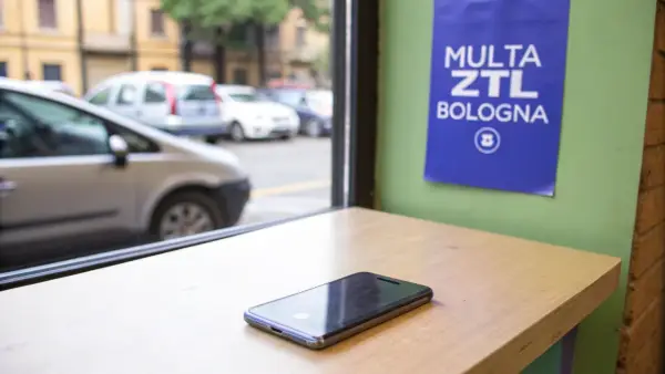 Un cellulare su un tavolo, con un cartello "Multa ZTL Bologna" appeso al muro. Fuori, auto in transito.