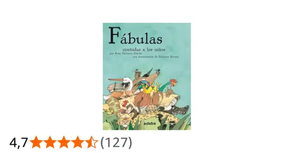 Ilustración de animales diversos, como un león coronado, un zorro y un pelícano, en la portada de "Fábulas contadas a los niños".