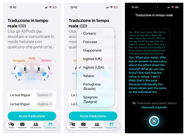 App per la traduzione in tempo reale con AirPods. Seleziona la lingua per una conversazione fluida, una vera traduzione.