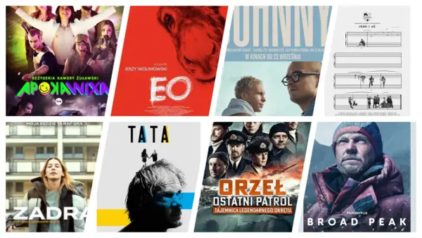 Kolaż plakatów filmowych, w tym "Apokawixa", "EO", "Johnny", "Chleb i sól", "Zadra", "Tata", "Orzeł ostatni patrol" i "Broad Peak" - przegląd najpopularniejszych polskich filmów.