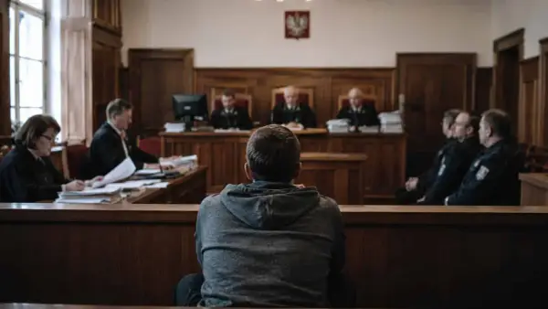 Młody mężczyzna w szarej bluzie siedzi tyłem do widza, w sali sądowej. Jest małym świadkiem koronnym, otoczonym przez sędziów i policjantów.