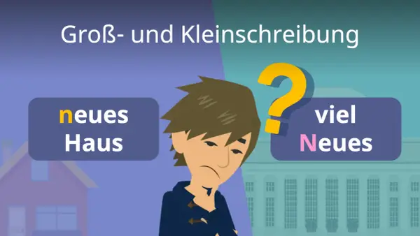Ein Junge grübelt über Groß- und Kleinschreibung. "neues Haus" oder "viel Neues"? Alles Gute, groß oder klein, ist hier die Frage.