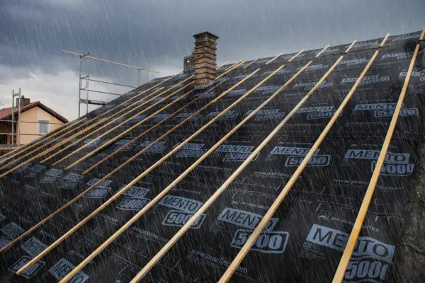 Regen prasselt auf ein Dach, dessen Unterspannbahn von innen repariert wird. Holzlatten sind auf der schwarzen Folie befestigt.