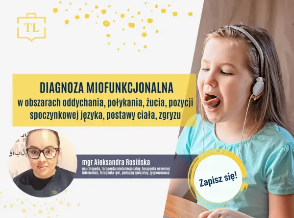 Dziewczynka w słuchawkach ćwiczy język, obok zdjęcie logopedy.