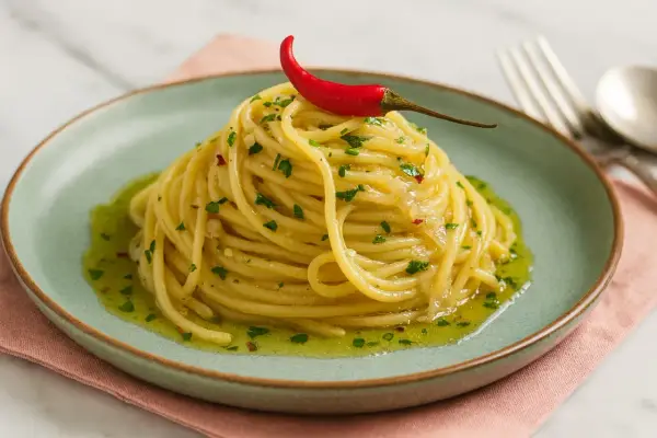 Ein Berg aus Spaghetti aglio e olio, garniert mit einer roten Chilischote und frischer Petersilie, auf einem mintgrünen Teller.