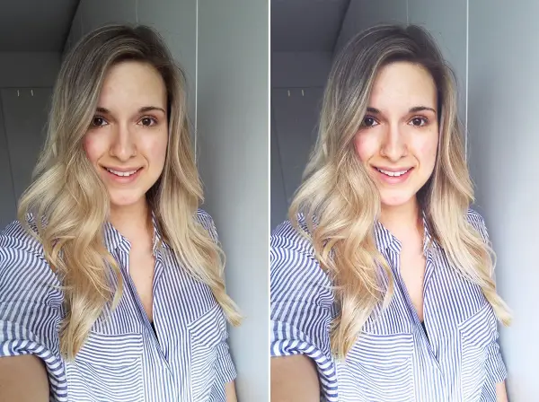 Uśmiechnięta blondynka w paski, pokazująca jak zrobić idealne selfie. Dwa ujęcia tej samej dziewczyny, lekko różniące się kątem.