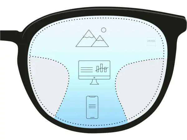 Okulary z soczewkami Zeiss pokazują góry, monitor i smartfon.