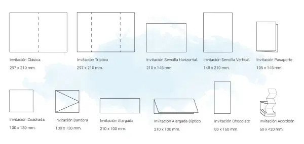 Diagrama de diferentes formatos y medidas de invitaciones de boda: clásica, tríptico, pasaporte, cuadrada, bandera, alargada, díptico, chocolate y acordeón.