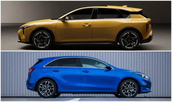 Dwa modele Kia Ceed 2025: jeden żółty, futurystyczny, drugi niebieski, klasyczny.