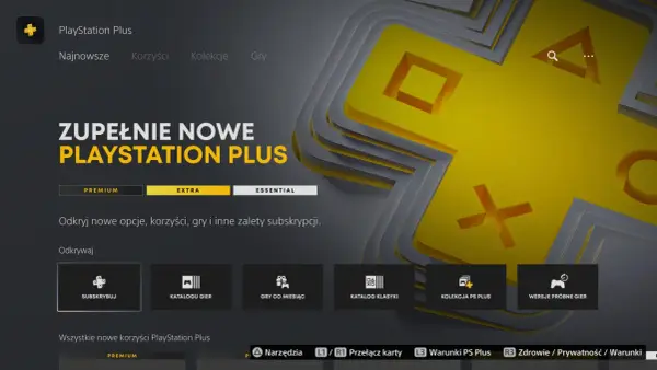 Menu PlayStation Plus z opcją "EXTRA" podświetloną na żółto. Odkryj nowe gry i korzyści subskrypcji.