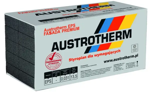 Opakowanie styropianu Austrotherm EPS Fasada Premium, z widocznym oznaczeniem EPS i parametrami technicznymi.