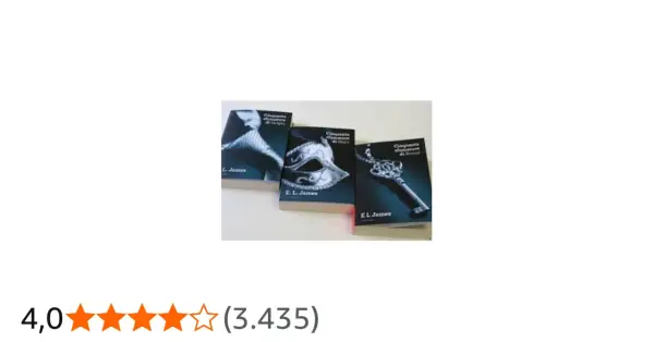 I tre libri della saga "Cinquanta sfumature", quale il primo, con copertine iconiche: un corsetto, una maschera e una chiave.