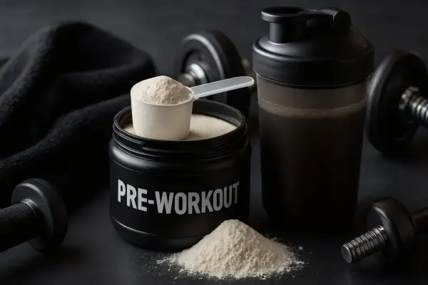 Pojemnik z napisem "PRE-WORKOUT" i miarka proszku. Obok shaker z napojem i hantle. To jest przedtreningówka co to za produkt?