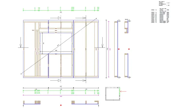 Plan ossature bois gratuit : vue en coupe d'un mur avec détails de dimensions et liste des pièces en bois.