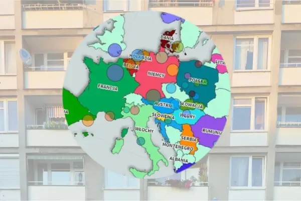 Mapa Europy z zaznaczoną Danią. Kolory i kropki sugerują dane, być może dotyczące tego, ile kosztuje mieszkanie w Kopenhadze.