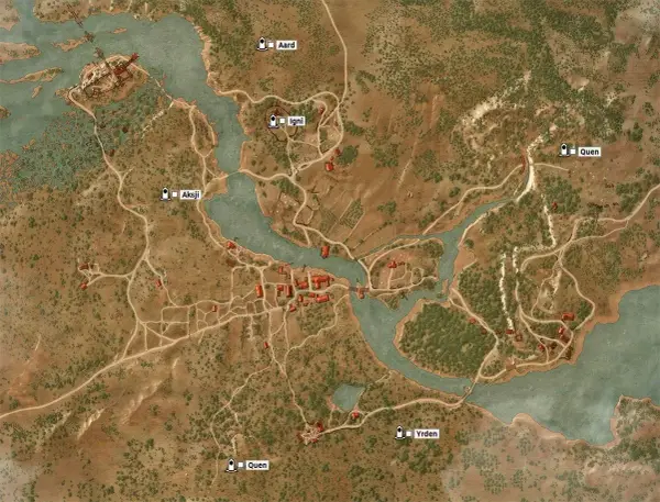 Mapa Toussaint z zaznaczonymi miejscami mocy: Aard, Igni, Aksji, Quen i Yrden.