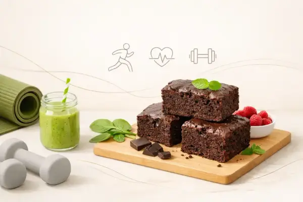 Zdrowe brownie z mąki pełnoziarnistej, zielony koktajl, maliny i akcesoria do ćwiczeń. Idealne połączenie przyjemności i aktywności.