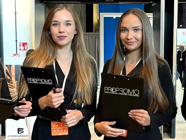 Dwie uśmiechnięte hostessa z agencji PROPROMO trzymają teczki z logo firmy.