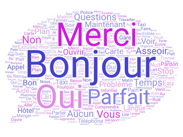 Chmura słów po francusku: "Bonjour", "Merci" (jak jest po francusku dziękuję), "Oui", "Non", "S'il vous plaît", "Excusez-moi".