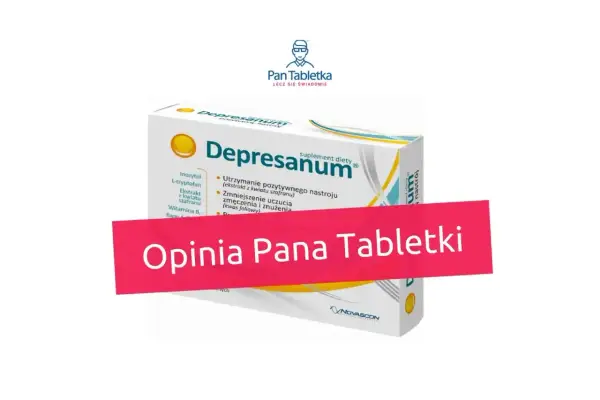 Opakowanie suplementu diety Depresanum, z napisem "Opinia Pana Tabletki". Zawiera m.in. inozytol, L-tryptofan i ekstrakt z szafranu.
