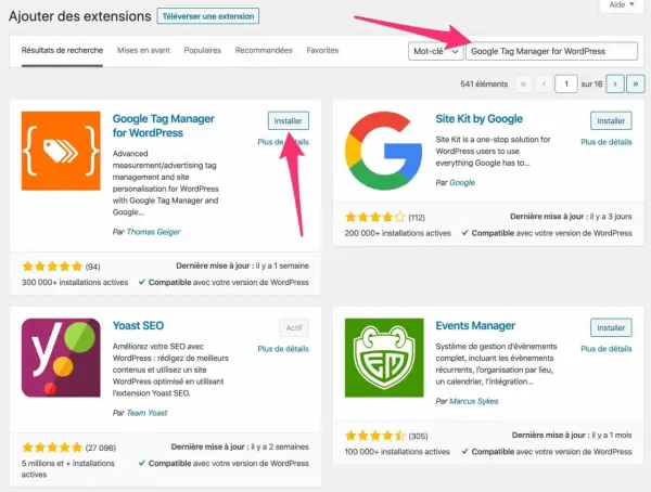 Page d'ajout d'extensions WordPress, avec le "knowledge panel Google" pour "Google Tag Manager for WordPress" affiché.