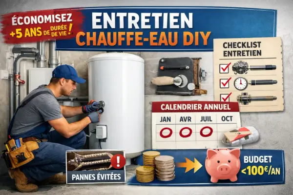 Un technicien effectue l'entretien d'un chauffe-eau. Un calendrier et une liste de contrôle suggèrent un entretien régulier pour éviter les pannes et économiser.