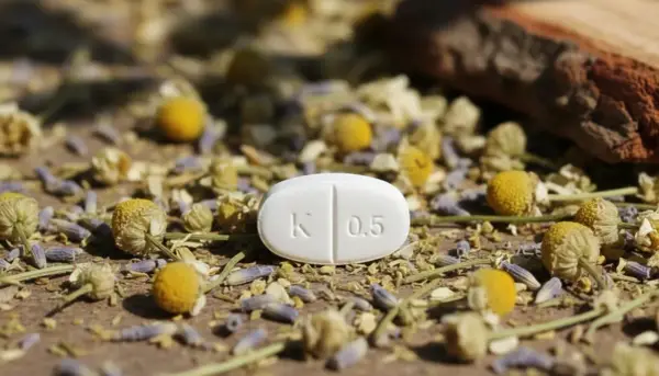 Biała tabletka z oznaczeniem "K 0.5" leży wśród suszonych kwiatów rumianku i lawendy. To może być clonazepam, lek na uspokojenie.