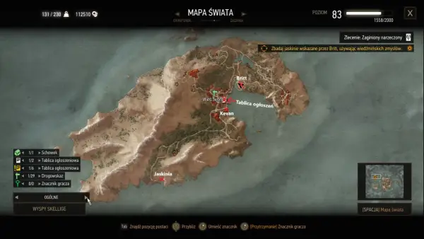Mapa świata z zaznaczonymi lokacjami na wyspach Skellige: Britt, Wieś Svorl, Kevan i Jaskinia.
