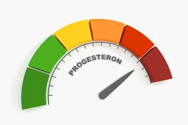 Wskaźnik poziomu progesteronu, z kolorowymi segmentami od zielonego do czerwonego.