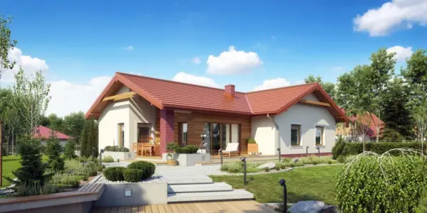 Nowoczesny projekt domu parterowego z czerwonym dachem, otoczony zielonym ogrodem i tarasem.
