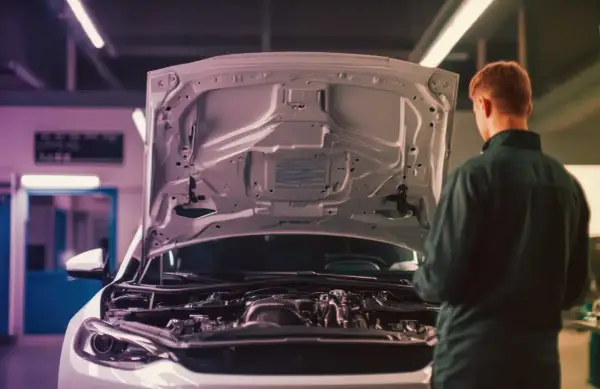 Meccanico osserva il motore aspirato, capendo il suo significato e funzionamento.