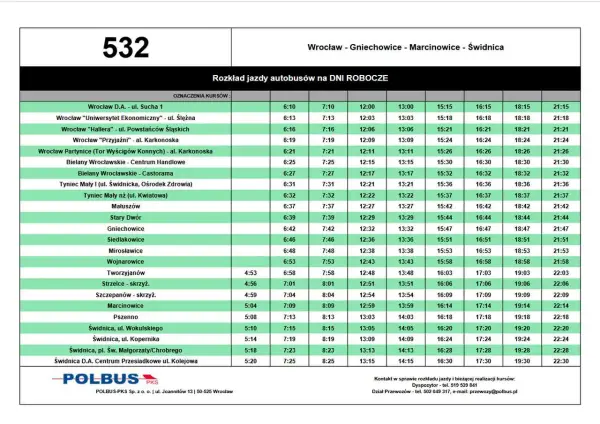 Rozkład jazdy autobusu 137 relacji Wrocław - Gniechowice - Marcinowice - Świdnica.