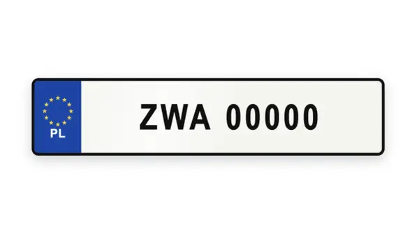 Tablica rejestracyjna z symbolem Unii Europejskiej i oznaczeniem PL. Numer rejestracyjny to ZWA 00000.