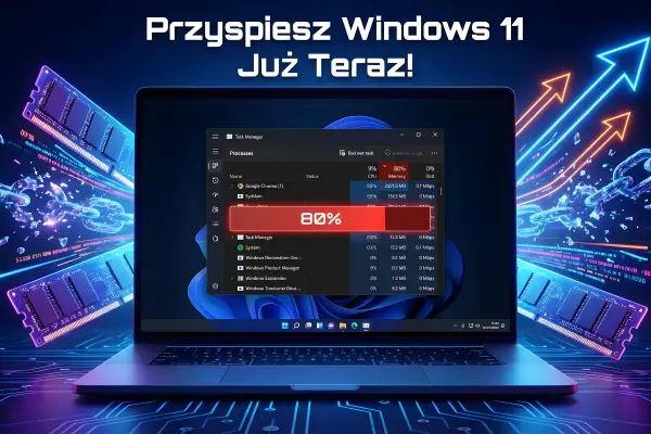 Optymalizacja Windows 11: menedżer zadań pokazuje 80% użycia pamięci, a obok moduły RAM i strzałki wzrostu.