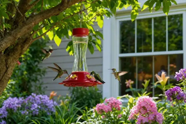 Quatre colibris s'approchent d'un abreuvoir rouge vif, entouré de fleurs colorées. Un colibri boit, un autre attend son tour, et deux autres volent autour.