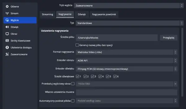 Ustawienia nagrywania wideo: ścieżka pliku, format .mkv, enkoder AOM AV1, dźwięk FFmpeg PCM, rozdzielczość 1920x1080, czyli **full HD jaka to rozdzielczość**.