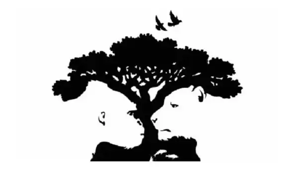Arbre stylisé formant une illusion d'optique image cachée : deux visages se font face, un homme et une lionne, sous deux oiseaux en vol.
